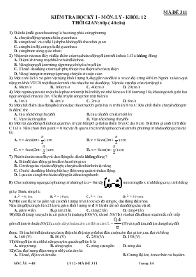 Kiêm tra hoc ky I - Môn Ly - khôi 12 thơi gian 60 phút ( 40 câu)